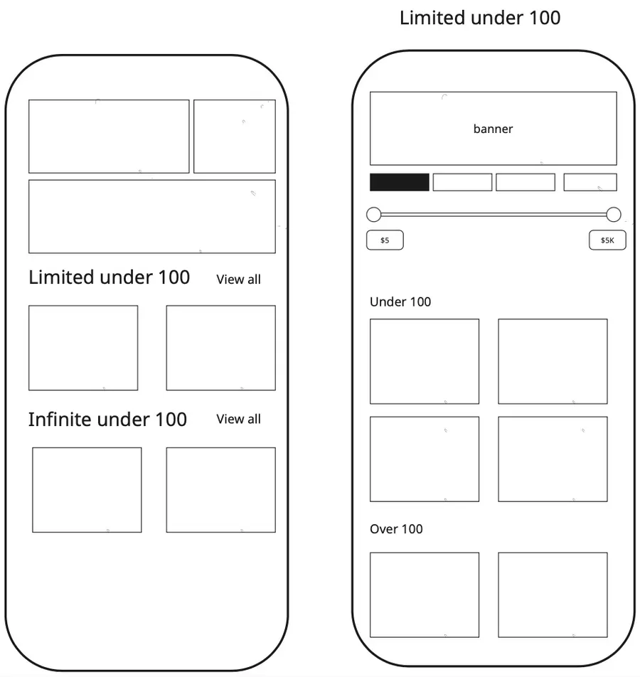 Wireframes of the pool listing and filtered category screens