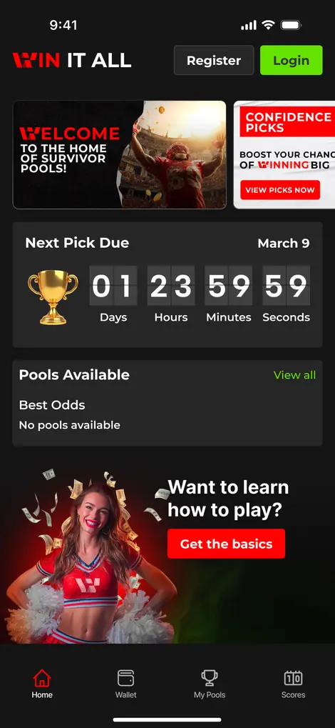 WinItAll home screen for unregistered users